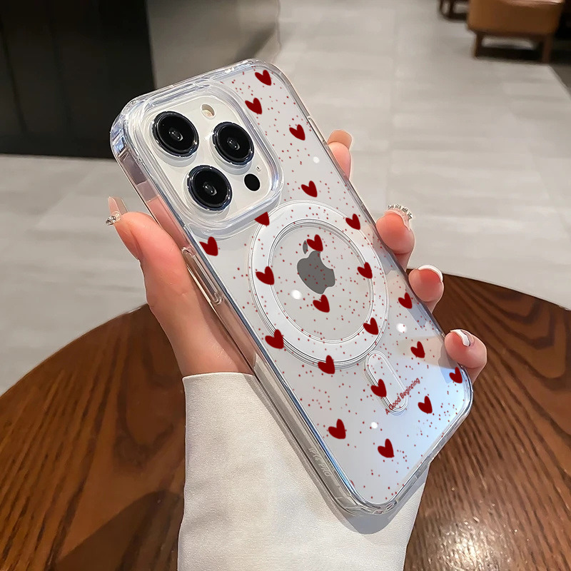 Phone Cases With Magsafe - INS Kırmızı Kalp Desenli Seksi Şeffaf