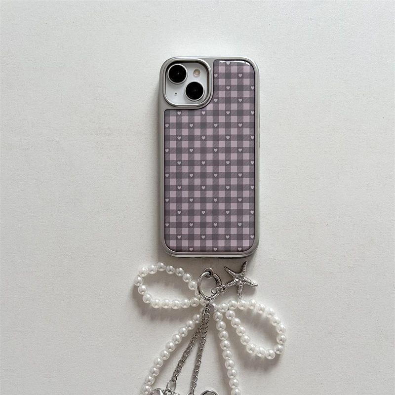 Phone Cases Girls - Pembe Mor Kalp Şeklinde Kareli Kore