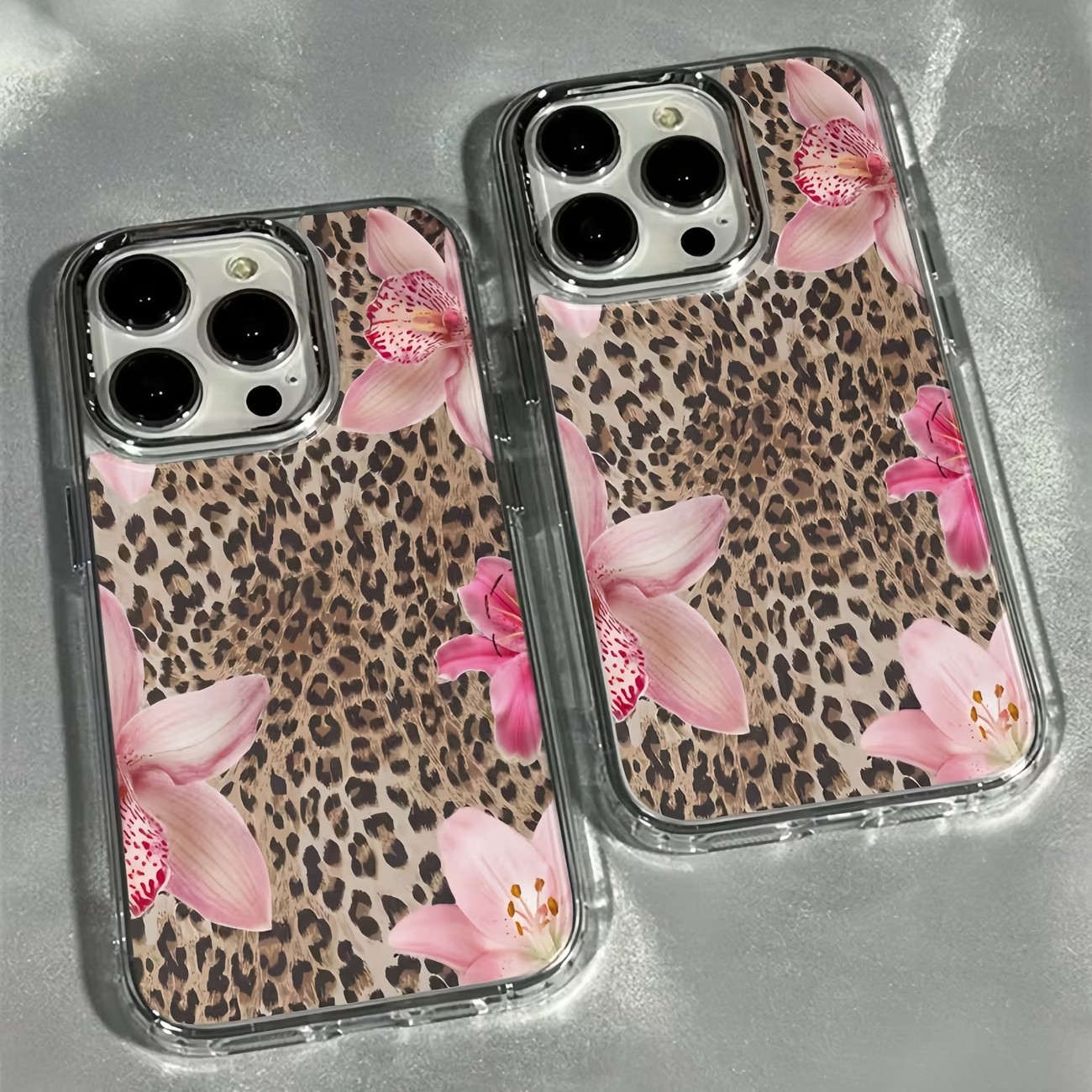 Phone Cases Best - Leopar Desenli Zambak Çiçekli Şeffaf Telefon