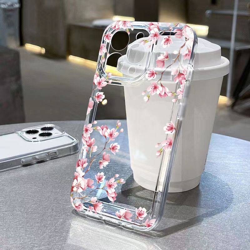 Phone Cases Best - Pembe Çiçek Desenli Şeffaf Telefon Kılıfı
